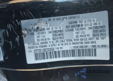 2011 Mazda Cx-9 Touring from USA, damaged, VIN JM3TB3CV9B0308598